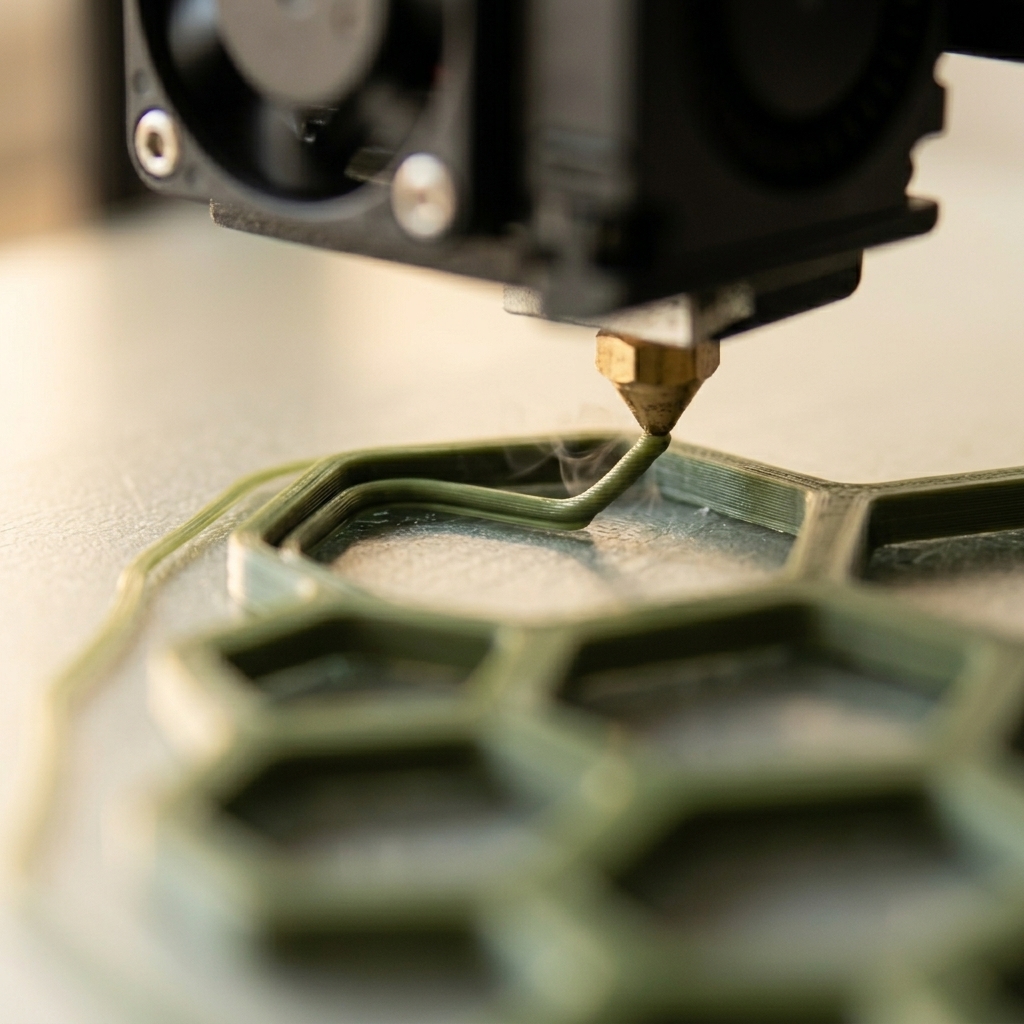 Printer nozzle depositing green PLA+ filament