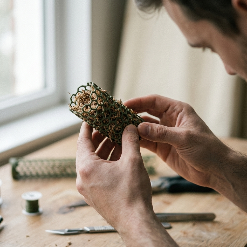 Hands inspecting a moss pole section